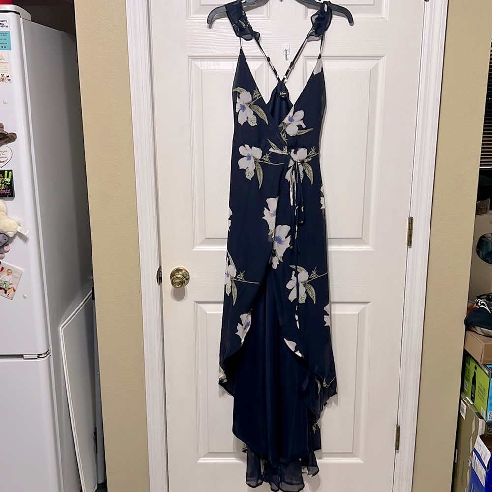 High-low navy floral print wrap dress